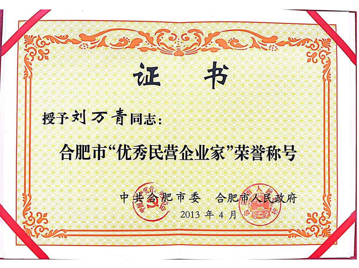 董事長劉萬青被合肥市委、合肥市人民政府授予“合肥市優(yōu)秀民營企業(yè)家”榮譽稱號
